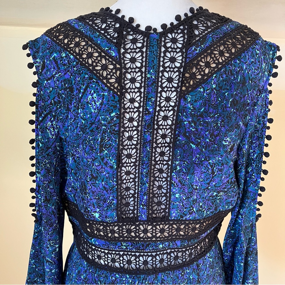 Rebecca Taylor Blue Long-Sleeve Paisley Cold-Shoulder Silk Lace Blouse size 6 - Picture 7 of 10